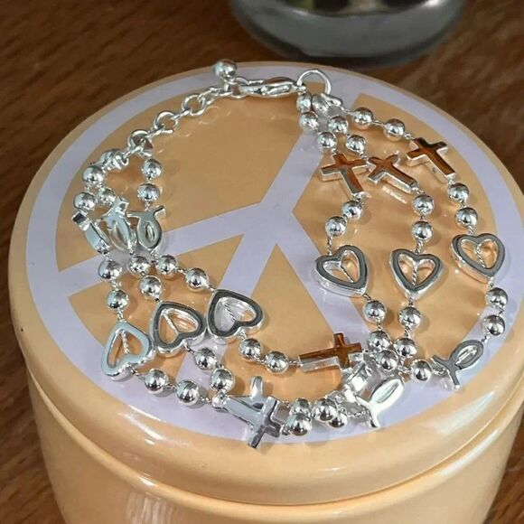 NWOT # Strand Silver Crosses & Hearts Bracelet #JW7 - Picture 3 of 9
